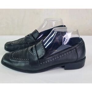 ALDO Womens Sz 8 Black Studded Leather Penny Loafer Slip On Square Toe Shoes